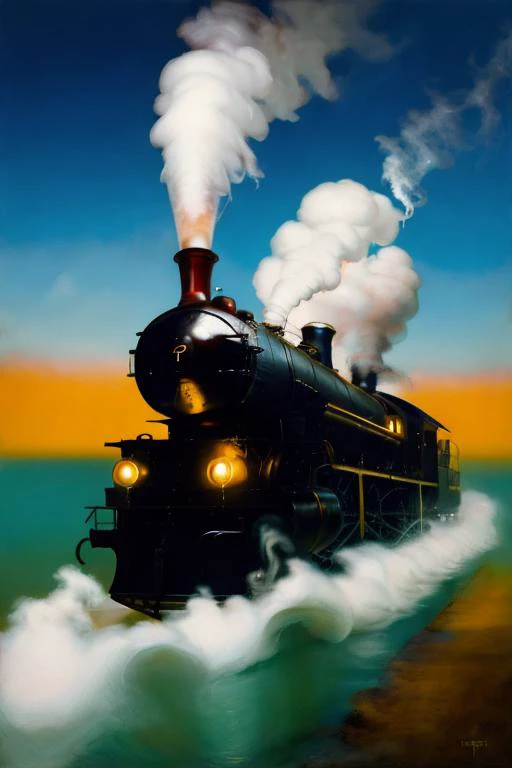 painting of a steam engine train traveling through a rural countryside