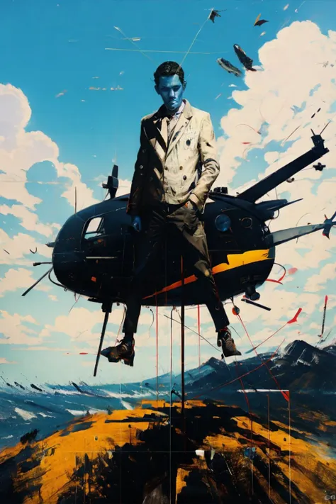 a painting of a man sitting on top of a helicopter