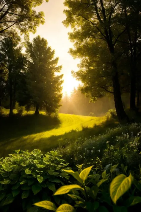 a close up of a field with trees and grass near a forest