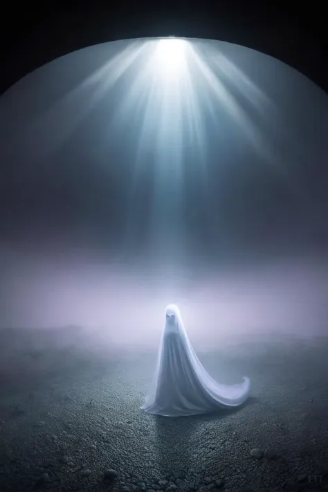 a ghostly figure in a white robe standing in a foggy area