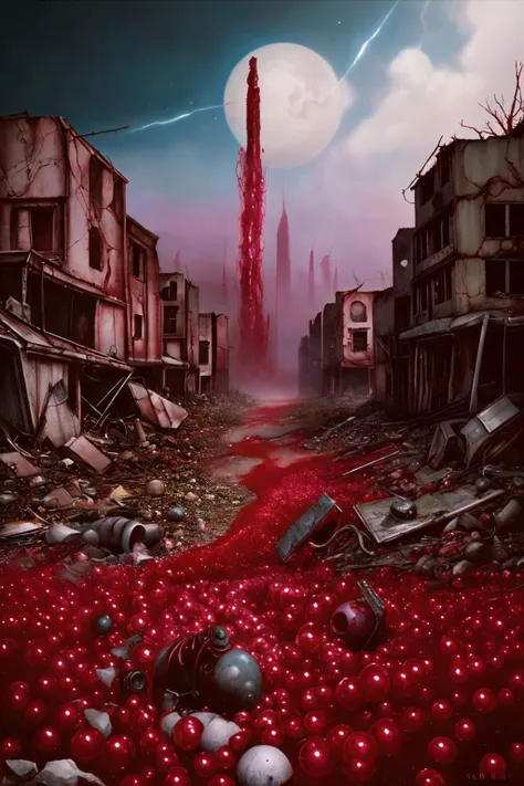 a painting of a city with a red light in the middle of it