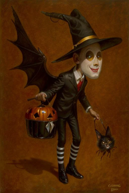 lowbrow, oilpainting, Greg Craola Simkins, no humans, black cat, bat wings, hat with spider legs, pumpkins, crow, striped ballon carrying small person with white horned mask carrying a Halloween bag, small sneakers on his feet,   black cat, background obje...