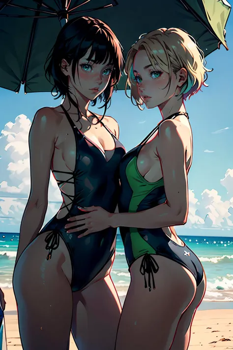 natural light, beach, blushing,
2 girls, female,
1 girl with  short hair undercut blonde hair and green eyes wearing one piece swimsuit,
1 girl wearing bikini with black long hair and black eyes,