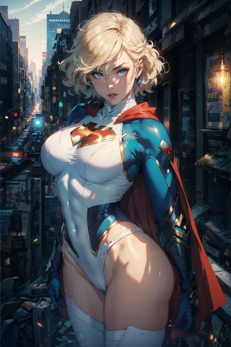 (Power Girl:1.3), Blonde, solo focus, leotard, muscular, (((White and blue suit))), Curly Hair, Blue Eyes, Cityscape, Heroic, Strong Chin,{{{Master piece:1.3}}}, {{{realistic}}}, {{cinematic lighting}}, {{{perfect anatomy:1.3}}, beautiful woman, {{extremel...