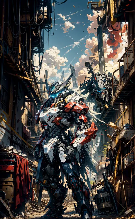 masterpiece, best quality, mecha, no humans, black armor, blue eyes, science fiction, fire, laser canon beam, war, conflict, destroyed city background,  <lora:nijiMecha:1>,  (Style-Petal:0.5),  <lora:add_detail:0.7>, Camera from a low angle,