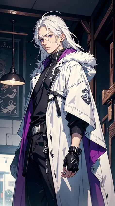 (middle age man), black armor, white hair, long hair, long parka coat, katana, purple eyes