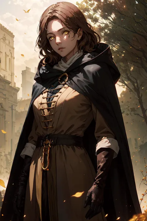 masterpiece, best quality,
 <lora:melina:0.6>,melina (elden ring),
1girl, solo, looking at viewer, 
brown hair, medium hair,yellow eyes,scar across eye, expressionless, one-eyed,
black cape, hooded cloak, 
defoliation,Golden Tree,
cowboy shot,