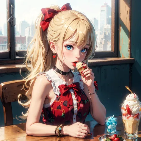 1girl, solo, cherry, food, bow, hair ornament, fruit, hair bow, choker, ponytail, looking at viewer, jewelry, earrings, strawberry, blue eyes, frills, hairclip, blonde hair, bandaid, long hair, ice cream, bangs, upper body, nail polish, x hair ornament, ta...