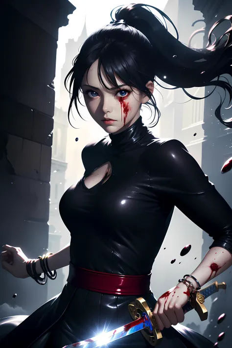 incredibly absurdres,photorealistic,best quality,wallpaper,
1girl,black hair,(high ponytail),solo,black eyes,bracelet,looking at viewer,soft light,dynamic posture,(((with sword))),(beautiful detailed eyes),Blood drop,Blood fog,floating hair,disheveled hair...