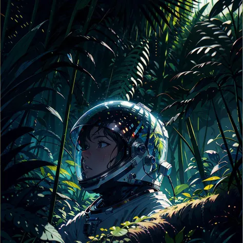 "Astronaut in a Jungle" by Syd Mead, cold color palette, muted colors, detailed, 8k