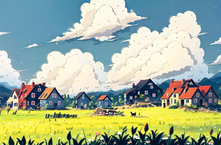 outdoors, flower, white flower, tree, sky, cloud, grass, field, 1girl, house, day, scenery, black cat, wide shot, from side,  sky, building, house, no humans, animal  <lora:Child illustrationa_20230804152414:0.8>