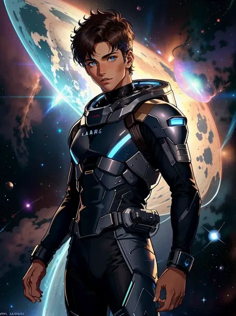 Location: Deep space exploration vessel, interstellar travel, unknown galaxies, BREAK
Character: 1boy, Cody Christian, short black hair, athletic fit body, blue eyes, (tan brown skin:1.3), Starship captain, charismatic leader, <lora:AntimatterTech:.6> anti...