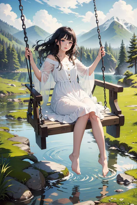 (floating),1girl,(swinging on the swing),white dress,(falling from the sky),(masterpiece, top quality, best quality, official art, beautiful and aesthetic:1.2),highest detailed,abstract,(masterpiece:1.1),(highest quality:1.1),cloud,day,forest,grass,jungle,...