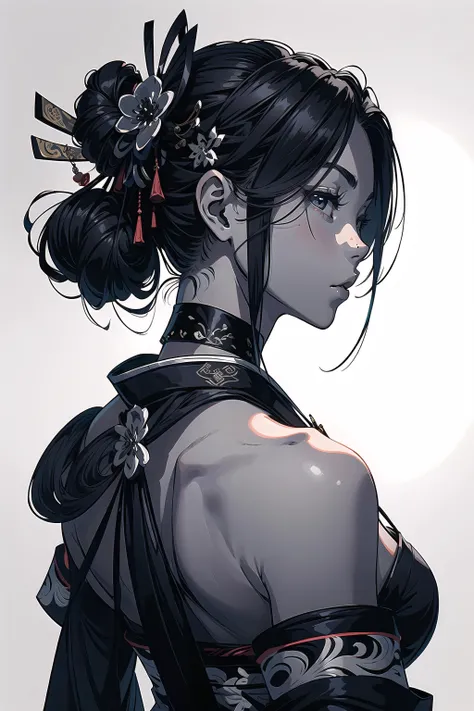 (1girl:1.3), ((black and white)), geisha, ((zen)), (masterpiece, top quality, best quality:1.3), extreme detailed background, zen calligraphy, unique visual effect. from behind, seductive, <lora:add_detail:0.5>