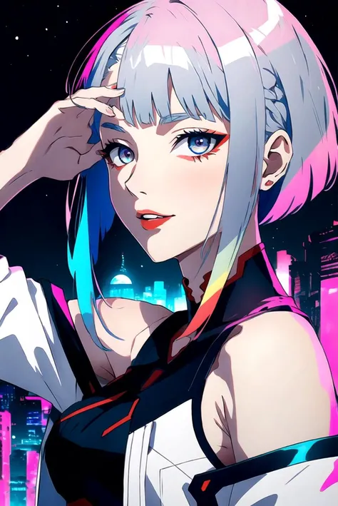 lucy (cyberpunk), 1girl, arm up, bangs, blue hair, colored tips, full moon, grey eyes, jacket, long sleeves, looking at viewer, medium hair, moon, multicolored hair, parted bangs, parted lips, pink hair, portrait, red eyeliner, red lips, solo, white jacket...