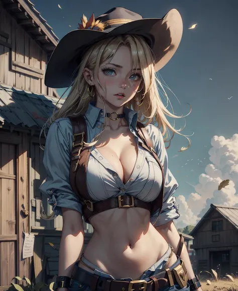 (masterpiece),( high quality), (highres,Highest picture quality),1girl, blonde,(cowgirl outfit), holster, holstered weapon,midriff, big breasts, cleavage, bare hips, black hat, wind blowing, gold jewelry:1.8,detailed background, highest detailed, cinematic...