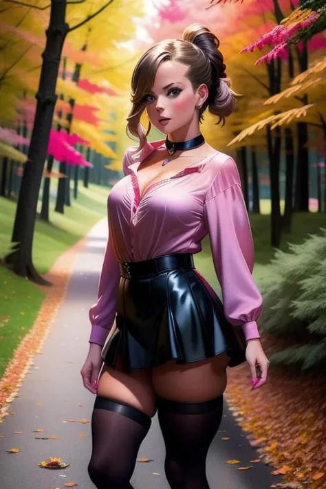 (waifu: Erika), anime style, cowboy shot, outdoors, autumn, forest, 1girl, solo, tanned, pink blouse, choker, black skirt, czajka, gray_eyes, brown_hair