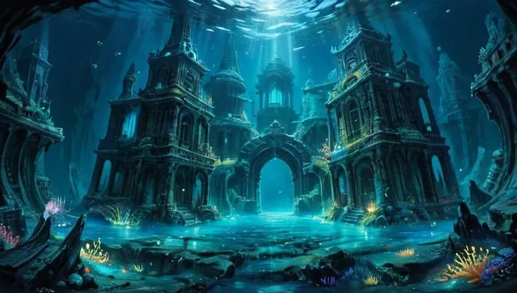 a painting of a underwater city with a lot of water