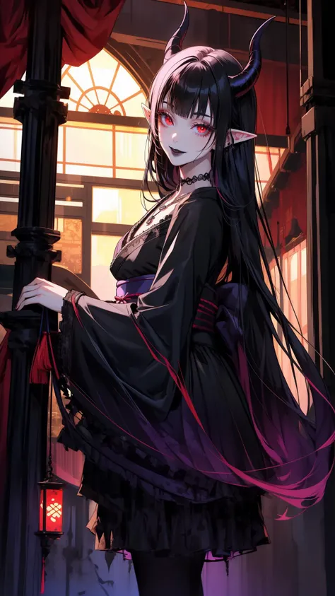 masterpiece, best quality, highres, absurdres, ultra detailed, pretty eyes, pretty_hands
Goth girl 1girl, ((black long hair)), red eyes, jewelry, necklace, pale skin, (makeup), ((black_lips)), glowing eyes, pointy_ears, demon_horns, lgoth kimono, sleeves p...