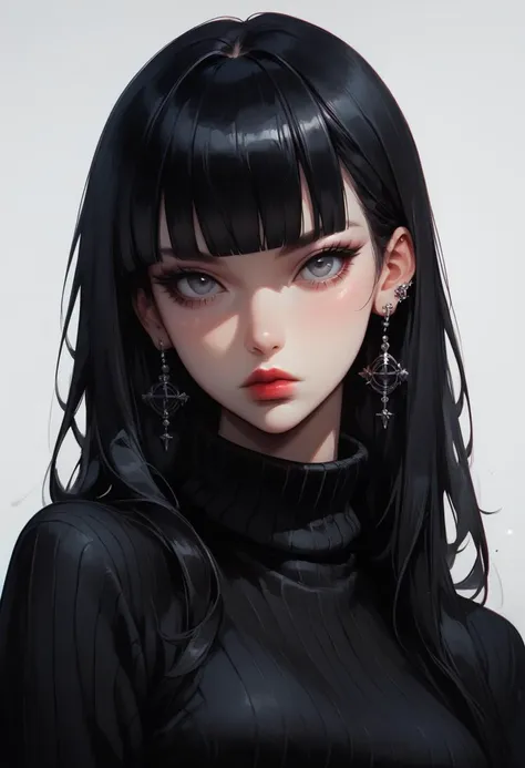 a woman with long black hair and a black turtle neck top