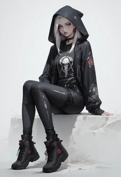 a woman sitting on a ledge wearing a black hoodie and black pants