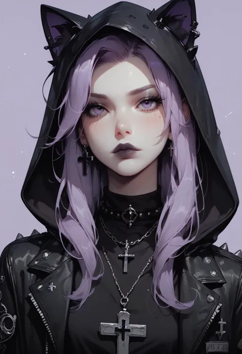 a woman with purple hair and a black hoodie with a cross on it