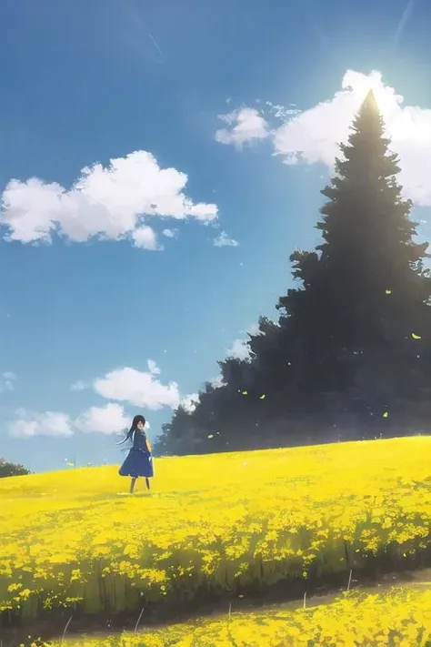 a woman in a blue dress standing in a field of yellow flowers