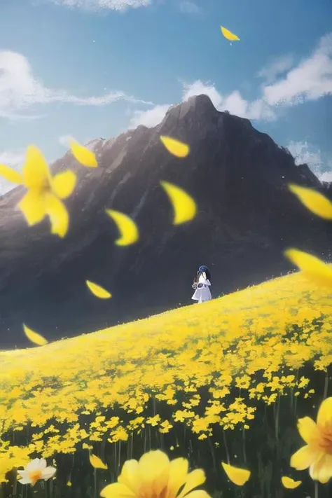 yellow flowers in a field with a person walking in the distance