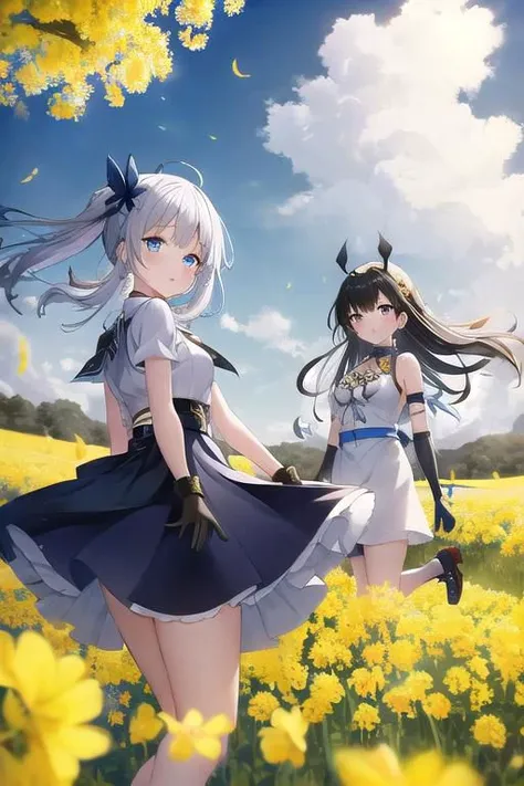 two pretty dressed girls, one red-eyed girl, wearing a skirt, one blue-eyed girl wearing white shorts with gloves, under a sunny dark blue sky with few clouds in a field of canola flowers blooming with the season (many Yellow butterflies) fly in the cold, ...