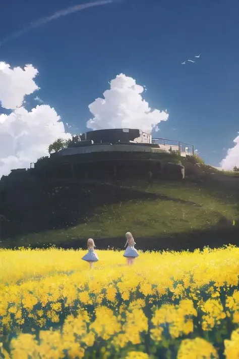 there are two people walking in a field of yellow flowers