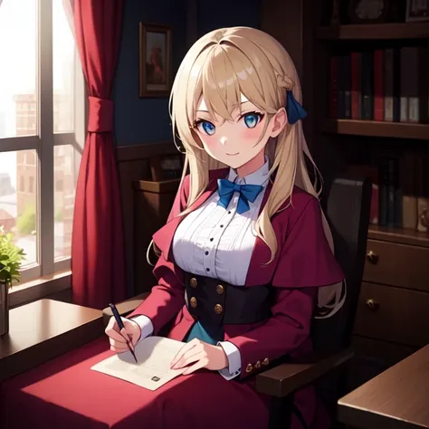 anime girl sitting at a desk writing in a book