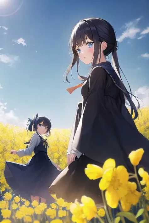 two anime girls in a field of yellow flowers