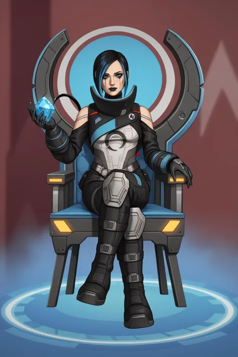 a cartoon picture of a woman sitting on a chair with a gun