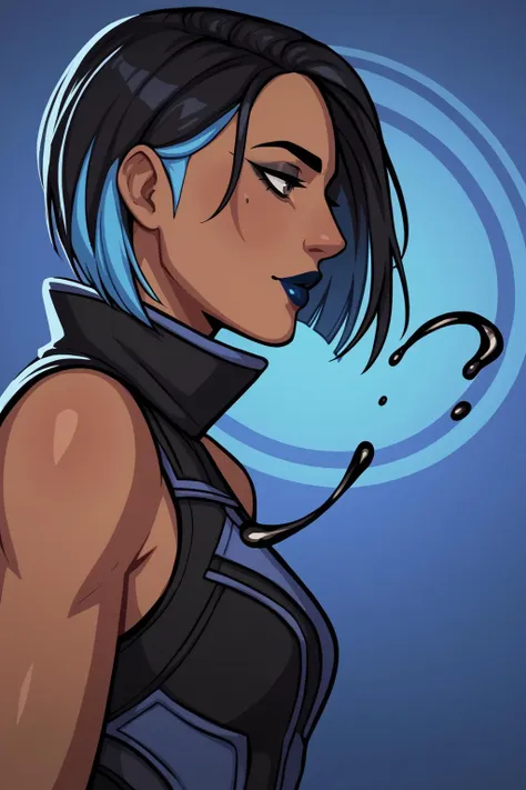 a cartoon image of a woman with blue hair and a black top