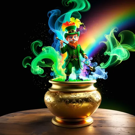 a close up of a pot with a pot of gold and a rainbow