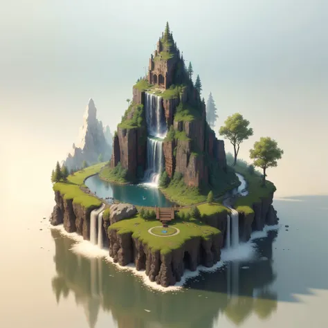 a close up of a small island with a waterfall and trees