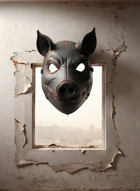 open window, empty pig head on the wall, in a leather mask, white paper, broken, sunlight, dvr-lthr, 8k, F2.8, RAW Photo, ultra detailed,  <lora:dvr-lthr:1>  <lora:xl_more_art-full_v1:0.6>