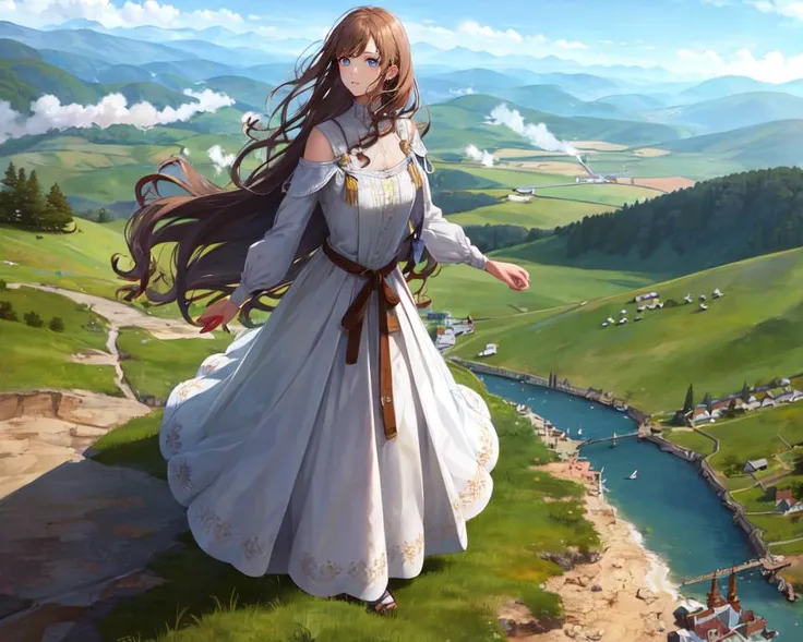 anime girl in white dress standing on a hill overlooking a river