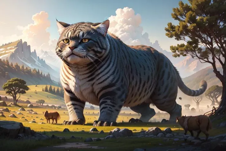 8k,masterpiece,best quality,
landscape,scenery,tress,1walking giant cat:1,animal,front side,grassland,<lora:Grand Scale:1>,