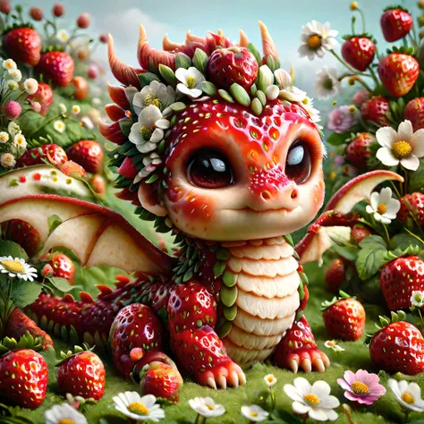 ral-smoldragons,a small strawberry dragon sitting on a meadow,flowers,ral-strawberryjam,<lora:ral-smoldragons-sdxl:1>,<lora:ral-strawberryjam-sdxl:1>,