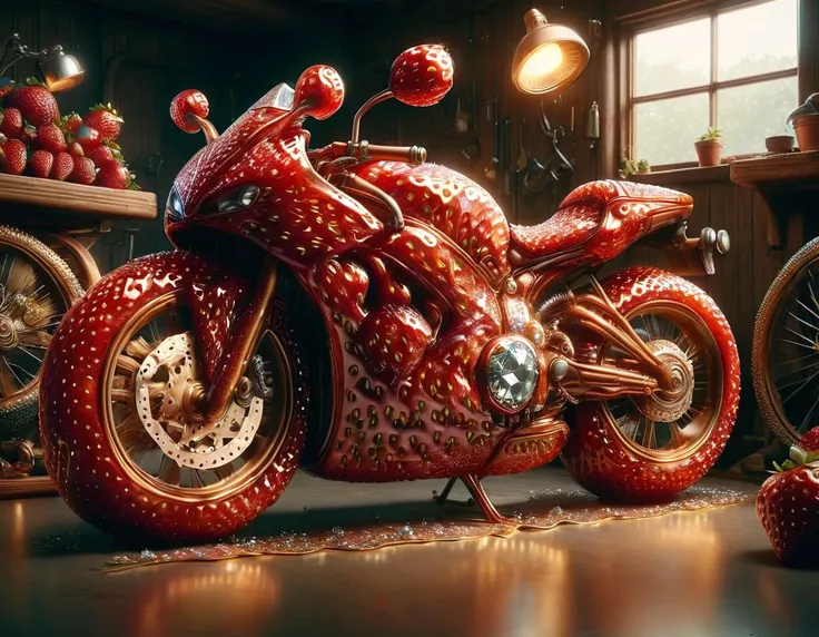 cinematic still ral-strawberryjam ral-bling bike in old garage . emotional, harmonious, vignette, 4k epic detailed, shot on kodak, 35mm photo, sharp focus, high budget, cinemascope, moody, epic, gorgeous, film grain, grainy, ral-strawberryjam ral-bling bik...