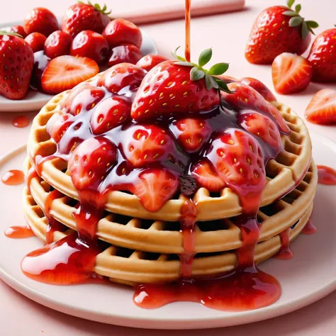 a close up of a waffle with syrup and strawberries on a plate