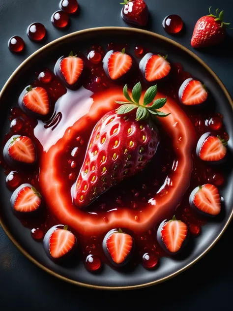 A culinary photograph of a chefs table, where each gourmet dish is presented with elements of ral-strawberryjam, captured with a Nikon Z9 to enhance the vibrant colors and textures of the food <lora:ral-strawberryjam-sdxl:1>  <lora:EnvyBetterHiresFixXL01:0...