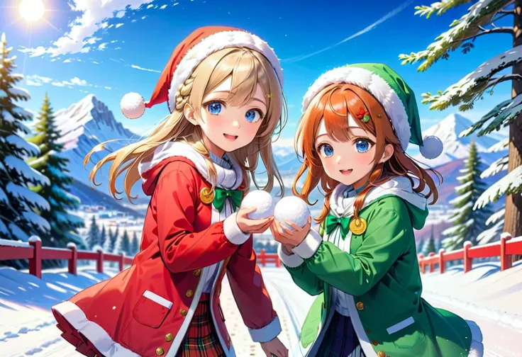 two anime girls in christmas clothes are standing in the snow