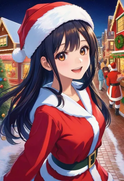 1girl, teen (santa claus costume, red long sleeves, 1present in hand:1.5) (cute,sweet,smile,bare face,big eyes, black hair, straight hair, open mouth:1.4) short tall, cowboy shot (dynamic pose:1.4) BREAK (night, christmas town,hands behind back:1.4) japane...