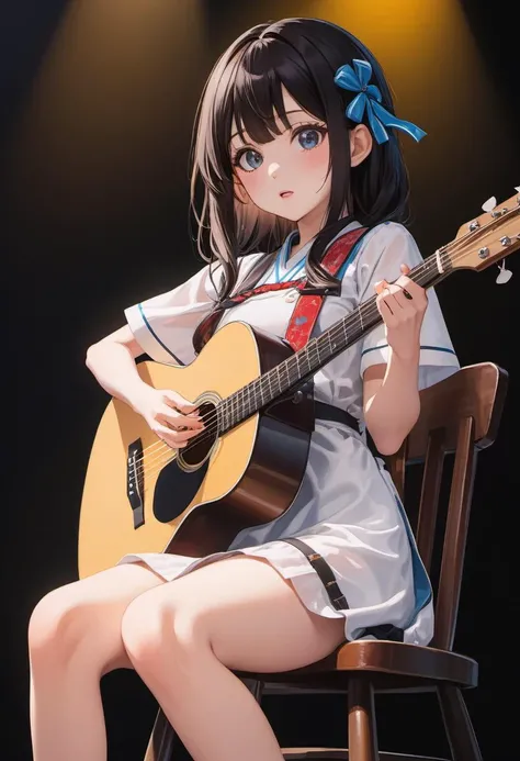 1girl, teen (open mouth wide:2) (play acoustic guiter, sit on stool chair, white short sleeve dress, looking away, side view, shoot from side, facial profile:1.5) BREAK (cute,sweet,bare face,black hair,big eyes:1.4) long hair, straight hear, short tall (on...