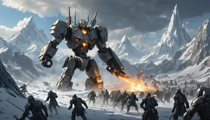 (masterpiece,best quality,ultra_detailed,highres,absurdres:1.2)  epic battle, mix of fantasy and sci-fi, explosions BREAK  on the left side: ( giant ice construct and barbarians , magic, ice spells, fireballs) BREAK on the right side: (mecha, machineguns) ...