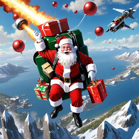 santa claus flying in the sky with a bunch of presents