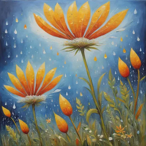 art by Franois Marcela-Froideval, Oil painting, Smiling "To see a world in a grain of sand and heaven in a wild flower.", Raining,  <lora:offset_0.2:1> <lora:neg4all_bdsqlsz_xl_V7:0.8>