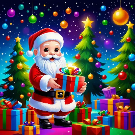 a cartoon santa claus holding a present in front of christmas trees